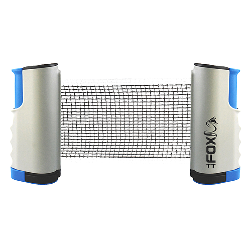 The FoxTT Retractable Table Tennis Net features black mesh, blue-and-gray plastic posts, and the FOX logo on the right post. This portable net is extended and ready to attach to any table for instant play.
