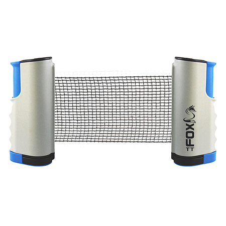 The FoxTT Retractable Table Tennis Net features black mesh, blue-and-gray plastic posts, and the FOX logo on the right post. This portable net is extended and ready to attach to any table for instant play.