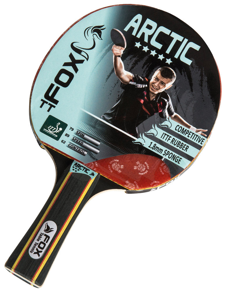 The FoxTT Arctic 5 Star Table Tennis Bat features ITTF approval, a 1.8 mm sponge, and is rated for speed, spin, and control. Its black and red handle suits competitive players, with a label showing a man playing table tennis.