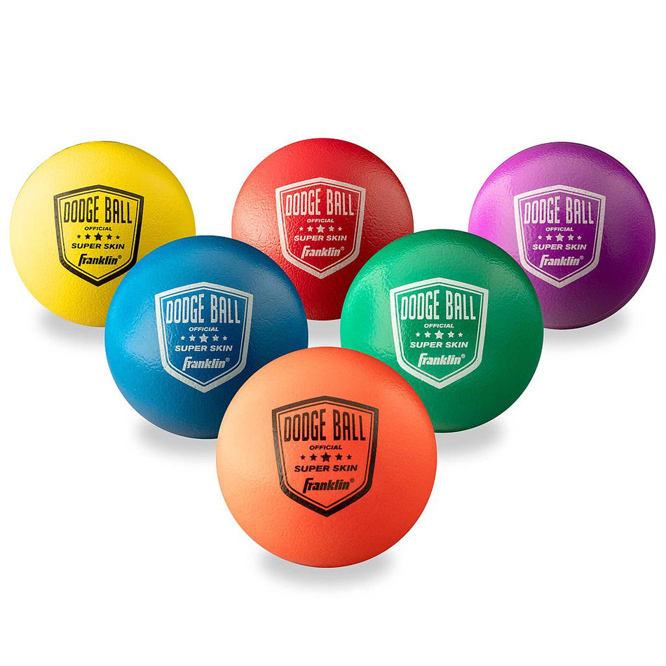 Six Franklin 6 inch Superskin Dodge balls in yellow, red, purple, blue, green, and orange are arranged in a semicircle on a white background. Ideal for playground games and labeled with the official Franklin logo.