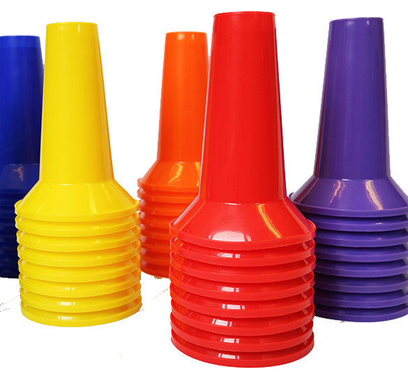 The Martin Berrill Sports Training Cones - Set of 8 features vibrant red, yellow, orange, purple, and blue cones, arranged upright against a white background—ideal for marking boundaries during drills.