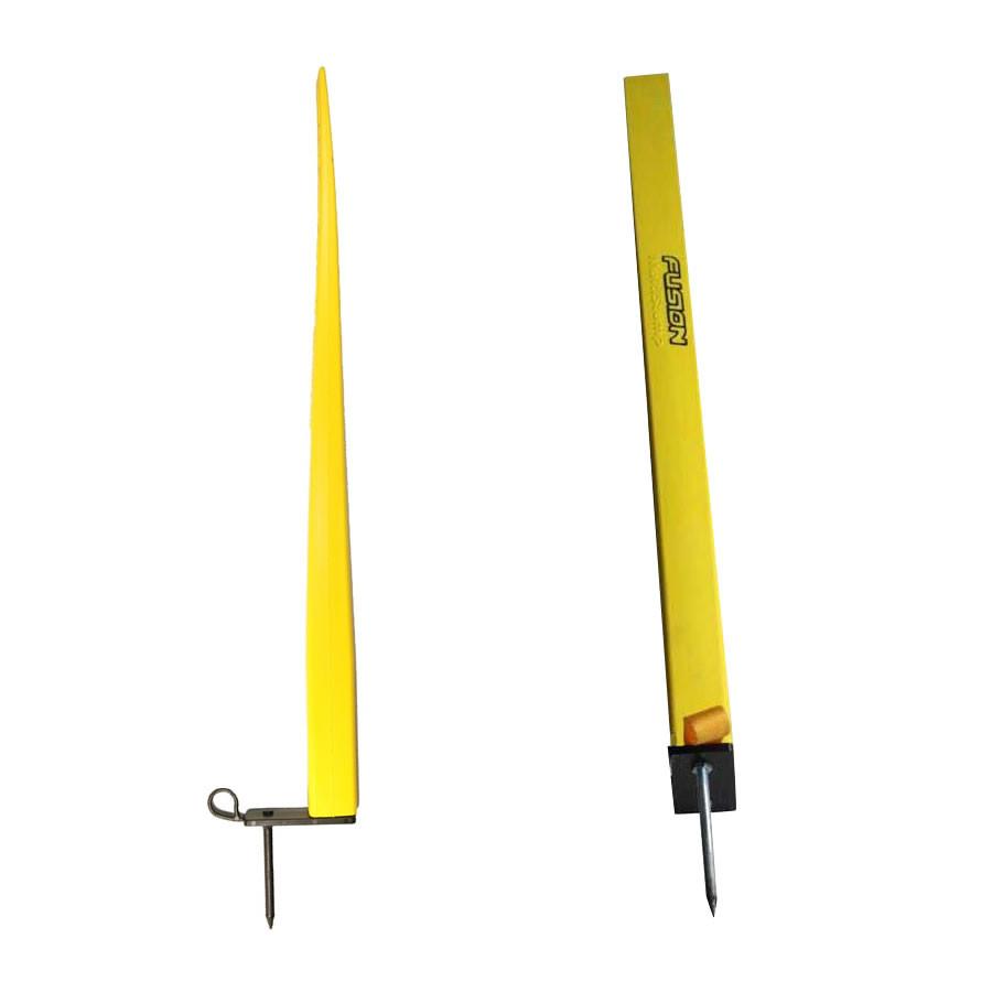 The Fusion Single Stump by Fusion is a yellow training aid, shown from side and front views with "FUSION" printed on it—ideal for cricket practice as a durable stump.