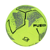 The Precision Fusion Indoor Football by Precision Training is a bright yellow, official size ball with gray and black geometric patterns, "FUSION" and "INDOOR" labels. Machine stitched, it's ideal for fast-paced indoor play.