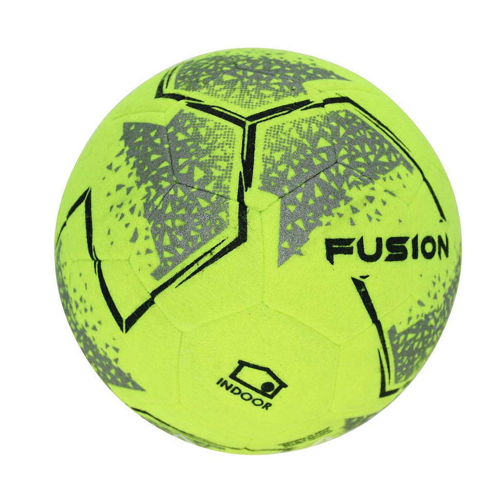 The Precision Fusion Indoor Football by Precision Training is a bright yellow, official size ball with gray and black geometric patterns, "FUSION" and "INDOOR" labels. Machine stitched, it's ideal for fast-paced indoor play.