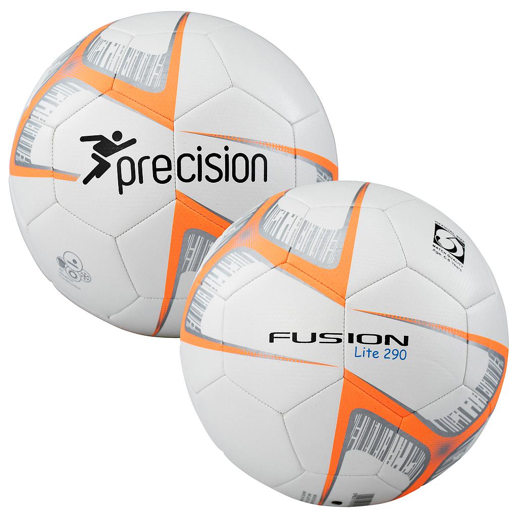 Two white size 5 Precision Fusion Lite 290g footballs with orange and gray geometric patterns—one with the Precision logo, the other marked Fusion Lite 290 and extra logos—ideal for training or match use by Precision Training.