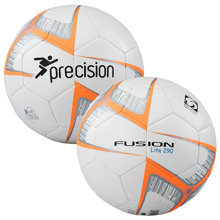 Two white size 5 Precision Fusion Lite 290g footballs with orange and gray geometric patterns—one with the Precision logo, the other marked Fusion Lite 290 and extra logos—ideal for training or match use by Precision Training.