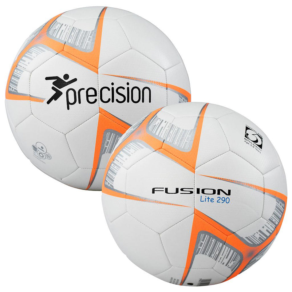 Two white size 5 Precision Fusion Lite 290g footballs with orange and gray geometric patterns—one with the Precision logo, the other marked Fusion Lite 290 and extra logos—ideal for training or match use by Precision Training.