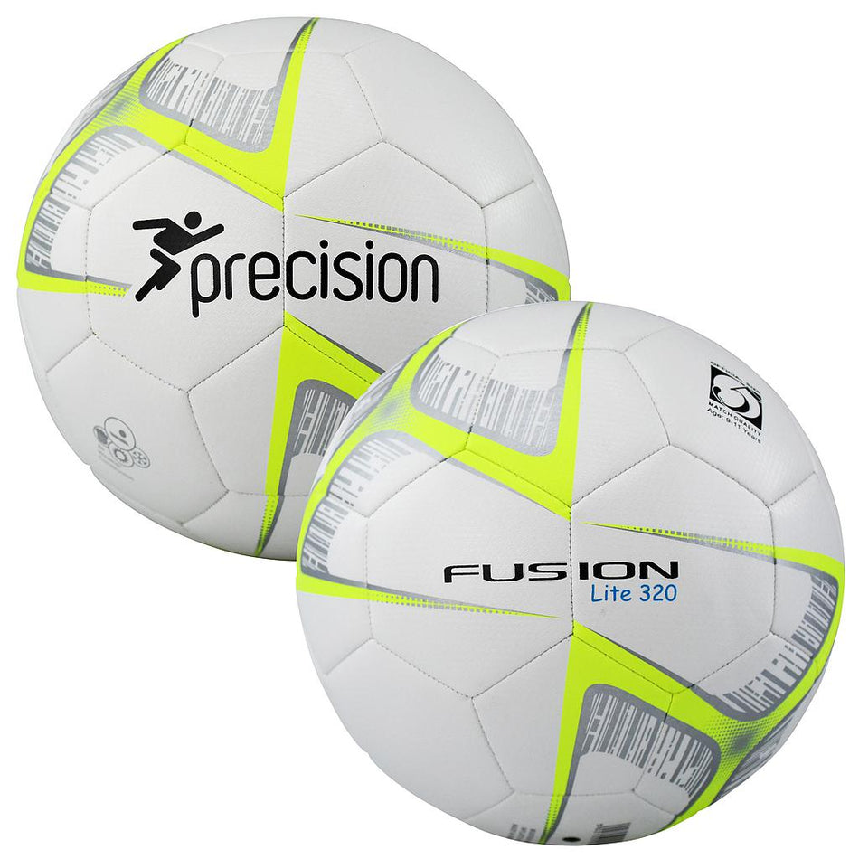Two Precision Training Fusion Lite Football 320g, size 5, feature black branding with gray and neon yellow geometric patterns. The machine-stitched footballs are displayed on a white background, ideal for training sessions.