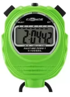 The Fastime 01 Stopwatch by Fastime, in green, displays 2:04.42 and features black top buttons and a black cord. Perfect for single event timing, it delivers precise measurements for any activity.