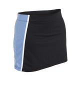 The Falcon Sportswear Tewkesbury School Panelled PE Skort features a black design with a wide light blue and narrow white stripe on the left, meeting school PE requirements. Shown on a plain white background.