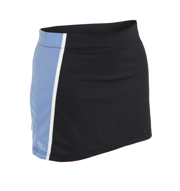 The Falcon Sportswear Tewkesbury School Girls Panelled PE Skort is black with a vertical light blue panel and white stripe on the left, shown against a plain white background.