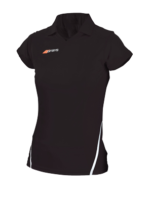 The Grays G750 Womens Shirt by Grays is a black, short-sleeve sports polo with a collar, moisture management for comfort, orange and white chest logo, white side accents, and is shown on a plain white background.