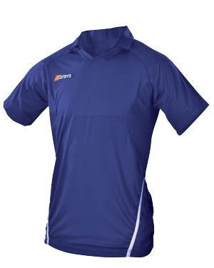 The Grays G750 Men's Shirt is a blue, short-sleeved v-neck with white side accents and a small white Grays logo on the left chest. Made with moisture-wicking, quick-dry fabric and features no additional front design or text.