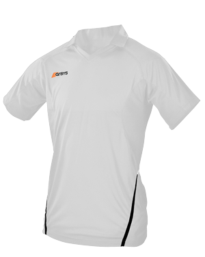 The Grays G750 Junior Shirt is a plain white, short-sleeve tee with black side stripes and a small orange and black Grays logo on the upper left chest. Made from lightweight, quick-dry fabric, it's ideal for active kids. Displayed on a white background.