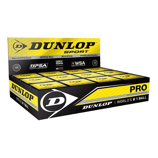Open display box of Dunlop Pro Squash Ball, 1 Ball Box x 12 by Dunlop, in black and yellow packaging labeled “World’s #1 Ball,” designed for advanced and professional players, featuring official association logos.
