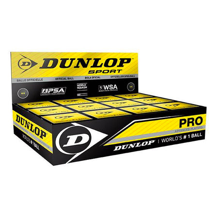 Open display box of Dunlop Pro Squash Ball, 1 Ball Box x 12 by Dunlop, in black and yellow packaging labeled “World’s #1 Ball,” designed for advanced and professional players, featuring official association logos.