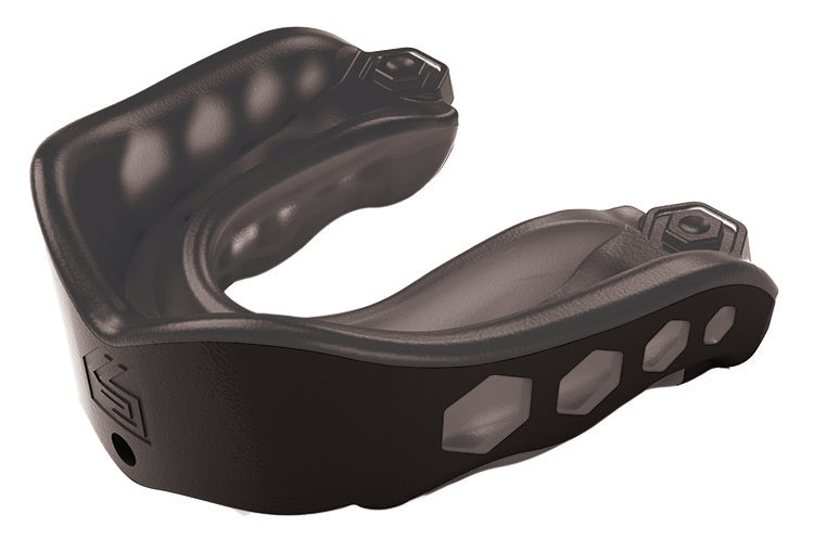 The Shock Doctor Gel Max Mouthguard in black features hexagonal side ventilation holes and textured upper padding, offering superior sports protection during physical activities.
