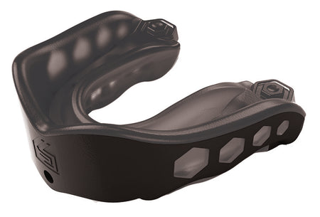 The Shock Doctor Gel Max Mouthguard in black features hexagonal side ventilation holes and textured upper padding, offering superior sports protection during physical activities.