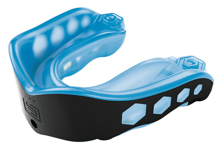 The Shock Doctor Gel Max Mouthguard in Black/Blue features a cushioned interior, hexagonal side ventilation holes, and a contoured design for superior sports protection and comfort.