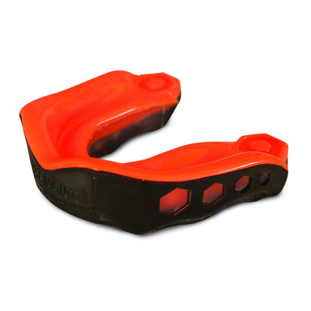 A close-up of a black and orange Shockdoctor Gel Max Mouthguard by Shock Doctor, featuring hexagonal ventilation holes for superior teeth protection during sports.