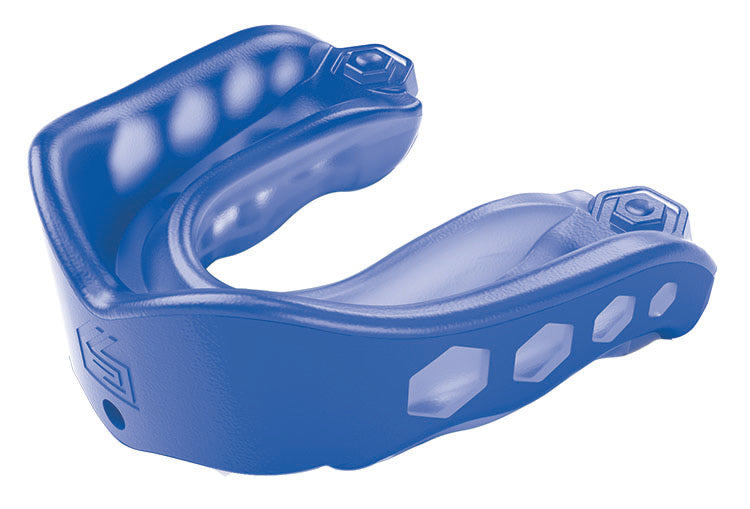 The Shock Doctor Gel Max Mouthguard in Royal Blue features hexagonal ventilation holes and molded grooves, offering superior protection for upper teeth and gums during sports.