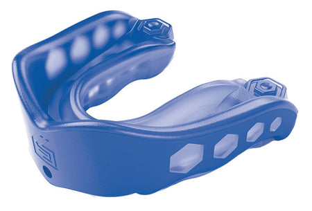 The Shock Doctor Gel Max Mouthguard in Royal Blue features hexagonal ventilation holes and molded grooves, offering superior protection for upper teeth and gums during sports.