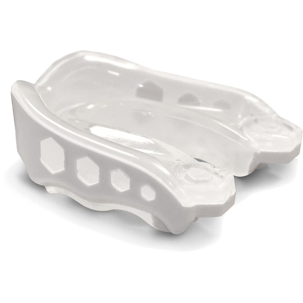 A close-up of the Shock Doctor Gel Max Mouthguard in white, showcasing hexagonal cutout patterns on the sides for optimal dental and sports protection during physical activities.