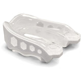 A close-up of the Shock Doctor Gel Max Mouthguard in white, showcasing hexagonal cutout patterns on the sides for optimal dental and sports protection during physical activities.
