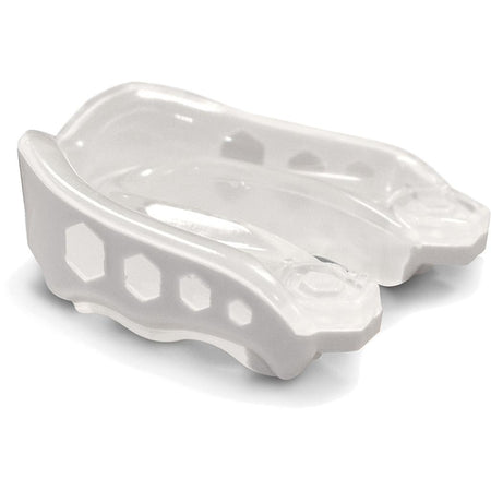 A close-up of the Shock Doctor Gel Max Mouthguard in white, showcasing hexagonal cutout patterns on the sides for optimal dental and sports protection during physical activities.