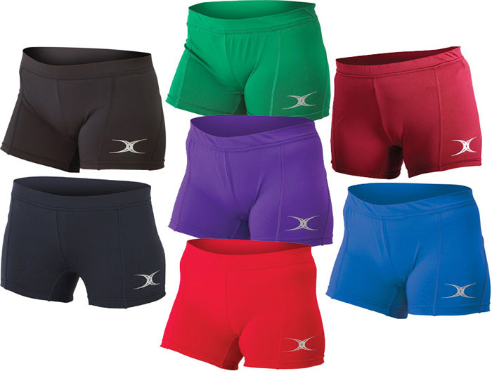 The Gilbert Eclipse II Netball Shorts by Gilbert are available in black and feature a small silver logo on the left thigh plus an elastic waistband for a secure fit.