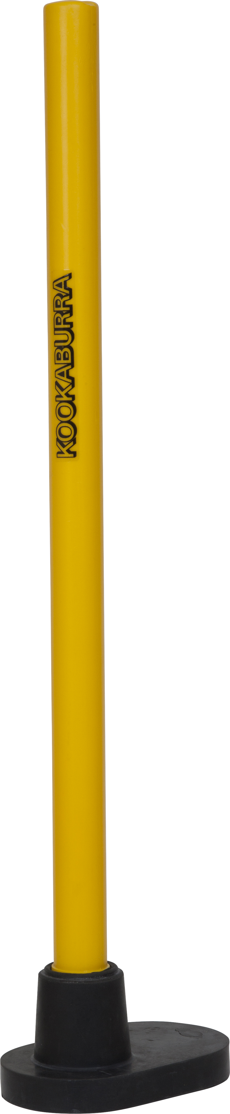 The Kookaburra Target Stump is a yellow cricket training aid with "Kookaburra" printed vertically and a heavy rubber base for stability, perfect for fielding drills or simulating a stump during practice.