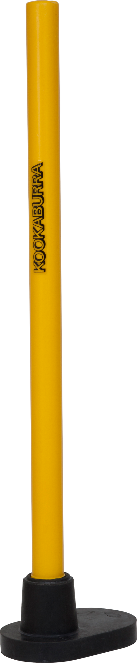 The Kookaburra Target Stump is a yellow cricket training aid with "Kookaburra" printed vertically and a heavy rubber base for stability, perfect for fielding drills or simulating a stump during practice.