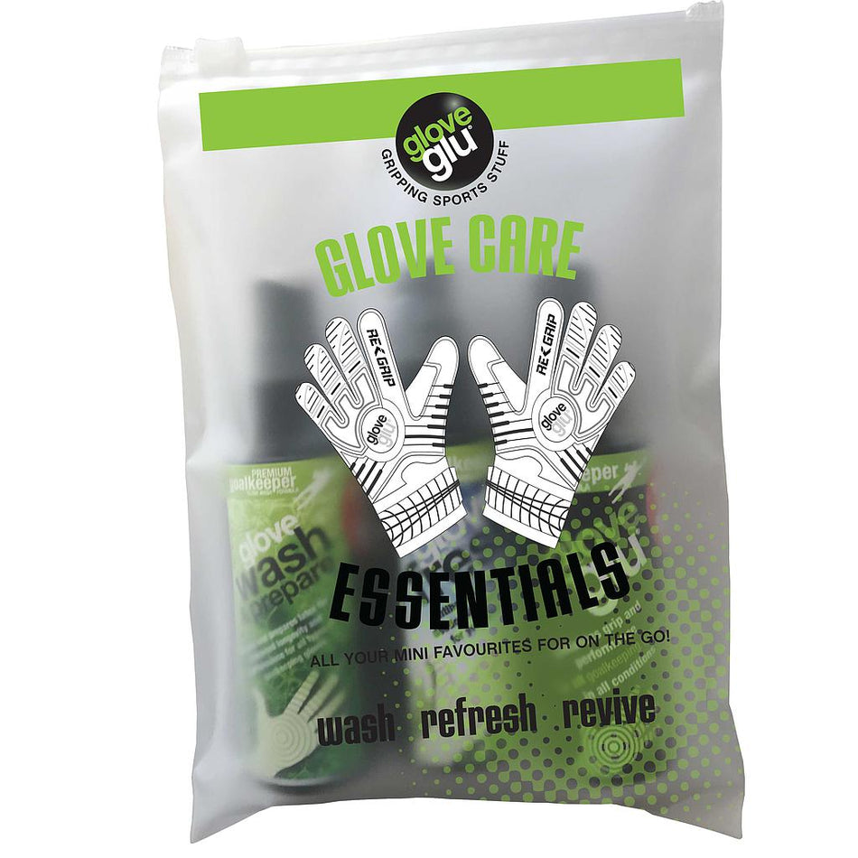 A frosted plastic pouch labeled GloveGlu Goalkeeping Glove Care Essentials Pack by GloveGlu shows two goalkeeper gloves and the words wash, refresh, revive. Visible inside are glove wash and freshener for complete glove care.