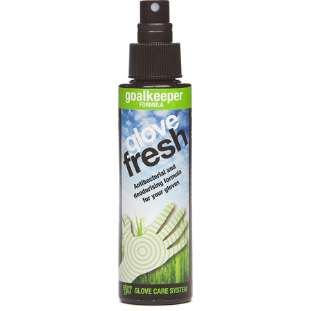 GloveGlu Goalkeeping Glove Fresh Spray (120ml) is an antibacterial deodorising spray by GloveGlu that kills bacteria and removes glove odour. The label features green grass and a glove graphic.