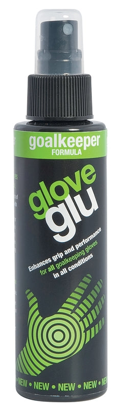 GloveGlu Goalkeeping GloveGlu (120ml) by GloveGlu is a black spray bottle with green and white accents and a glove graphic, designed to enhance grip for all goalkeeper gloves and boost overall performance.