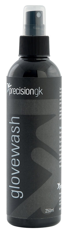 A black 250ml spray bottle labeled Precision Glove Wash by Precision Training, designed as a latex sports glove cleaner, featuring a gray and white logo and text on the label.