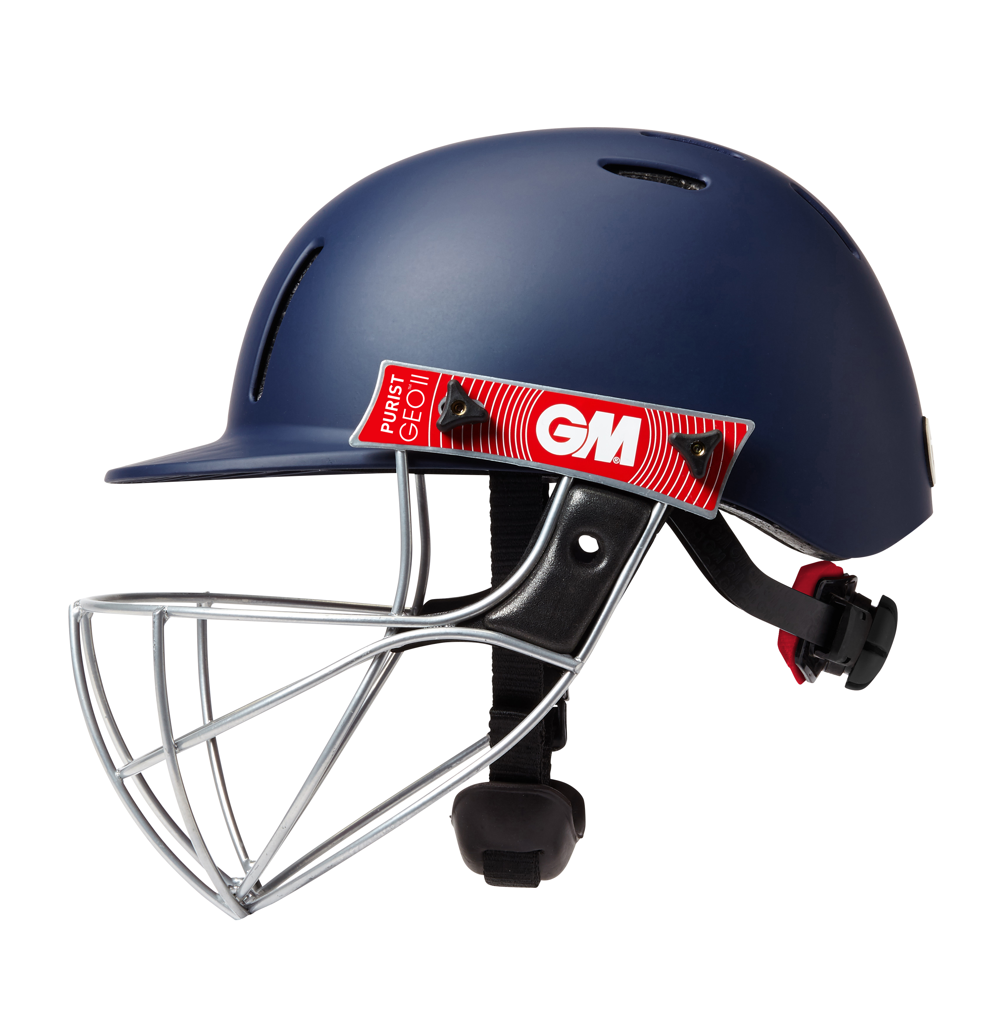 The Gunn & Moore Purist Geo II Navy Helmet features a Geo steel grille, black adjustable straps, a red GM logo sticker, air vents, and a chin protector for comfort and safety.