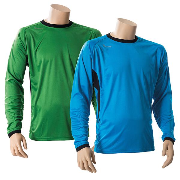 A mannequin displays the Precision Premier Goalkeeping Shirt Adult by Precision Training in blue. Made from polyester, it features a black collar and cuffs, padded elbows for protection, and is shown against a white background.
