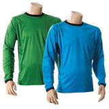 A mannequin displays the Precision Premier Goalkeeping Shirt Adult by Precision Training in blue. Made from polyester, it features a black collar and cuffs, padded elbows for protection, and is shown against a white background.