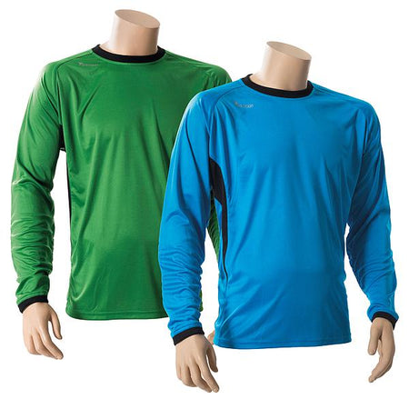 A mannequin displays the Precision Premier Goalkeeping Shirt Adult by Precision Training in blue. Made from polyester, it features a black collar and cuffs, padded elbows for protection, and is shown against a white background.