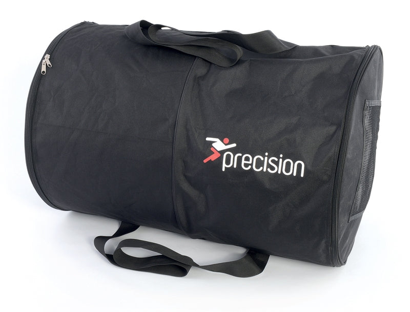 A spacious black Precision Training Football Goalnets Carry Bag with handles, featuring "precision" and a red and white running figure logo printed on the side.