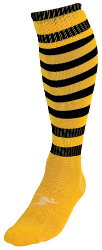 The Precision Training Precision Hooped Pro Football Socks Adult is a single knee-high sports sock with black and yellow hoops, a white logo near the ankle, and crafted from soft nylon-cotton socks material.