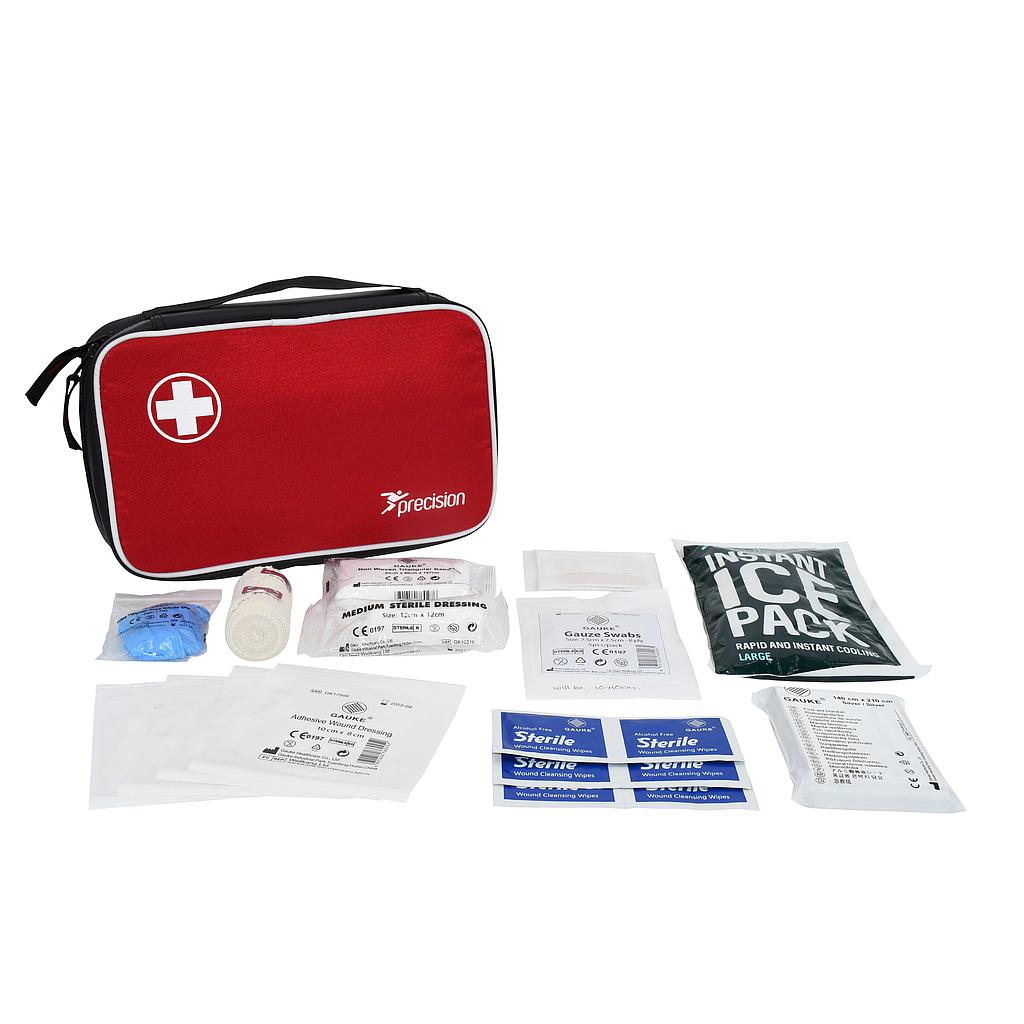 The Precision Pro HX Medi Grab Bag + Medical Kit C by Precision Training features a red bag with a white cross and includes bandages, wipes, gauze pads, instant ice pack, tape, and antiseptic sachets—perfect for sports first aid use.