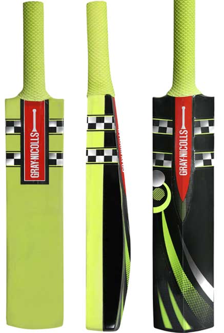 Three views of the Gray Nicolls Cloud Catcher Bat show its bright yellow-green handle and black, white, and yellow-green blade accents. The red and white Gray Nicolls logo is visible—ideal for improving your catching or fielding skills.