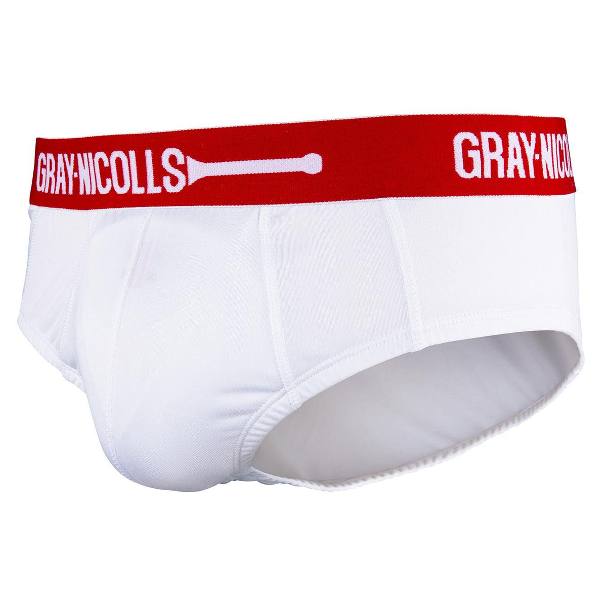 Gray Nicolls CoverPoint Junior Jock Briefs are white cricket underwear with a red waistband, Gray Nicolls branding, and a bat logo—designed for sports support and comfort, ideal for junior players.