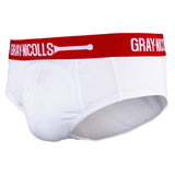 The Gray Nicolls Cover Point Senior Jock Briefs are white cricket underwear with a red waistband featuring the GRAY-NICOLLS logo and bat symbol, designed for comfort and support.