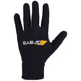 The Grays Skinful Pro Hockey Gloves in black feature a yellow triangular Grays logo on the back and are made with comfortable lycra construction for flexibility. Palm faces up against a white background.