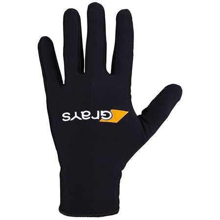 The Grays Skinful Pro Hockey Gloves in black feature a yellow triangular Grays logo on the back and are made with comfortable lycra construction for flexibility. Palm faces up against a white background.