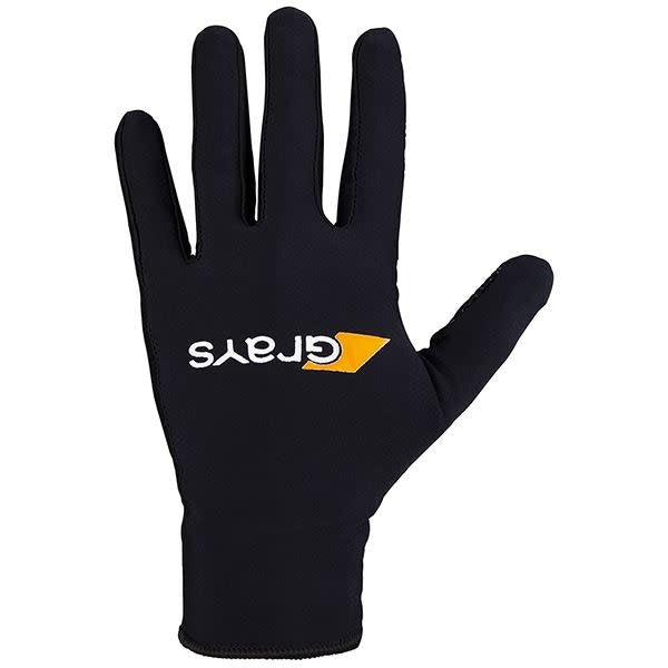 The Grays Skinful Pro Hockey Gloves in black feature a yellow triangular Grays logo on the back and are made with comfortable lycra construction for flexibility. Palm faces up against a white background.