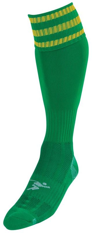 The Precision Training Precision 3 Stripe Pro Football Socks Adult feature a long green athletic design with ribbed texture, yellow and green top stripes, a small white logo on the foot, and contoured fit for ankle support.